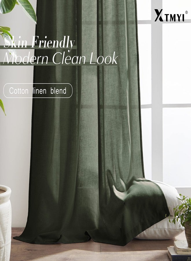 XTMYI 102 Inch Length Olive Green Sheer Linen Curtains 2 Panels Set,Hook Belt Pleated Back Tab Cotton Polyester Blend Light Filtering Semi Sheer Curtain Drapes for Living Room Bedroom,50x102 in Long - Image 5